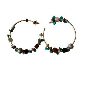Elegant Beaded Brown and Turquoise‎ Boho Hoop Earrings Gypsy Statement